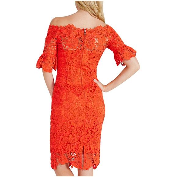 Paper Dolls | Women’s Red Crochet Lace Bardot Dress Off Shoulder Party Cocktail - Picture 3 of 15